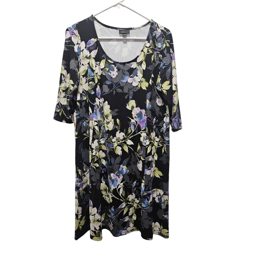 J Jill Wearever Dress M Petite Black Floral Stretch Darted 3/4 Sleeve
